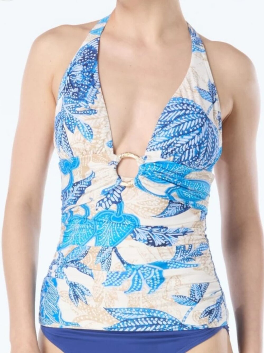 Carmen Marc Valvo Samara Shirred Tankini Top – Blue & Tan – Size M